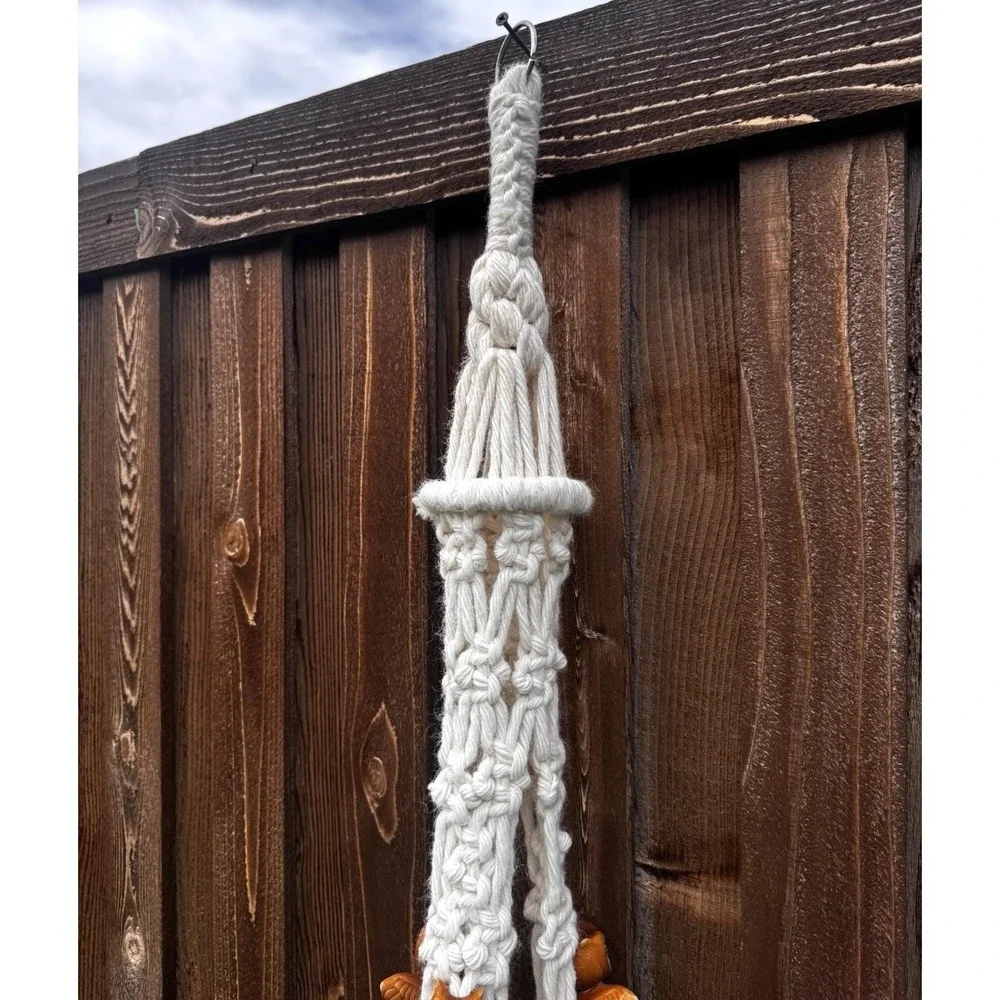 Macrame Cream Plant Hanger Boho 70s Hanging Planter w/ Owl Accents 58